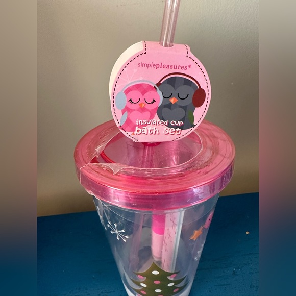 New Simple Pleasures Christmas Bath Set In Insulated Cup With Straw Holiday Owls - Picture 6 of 8